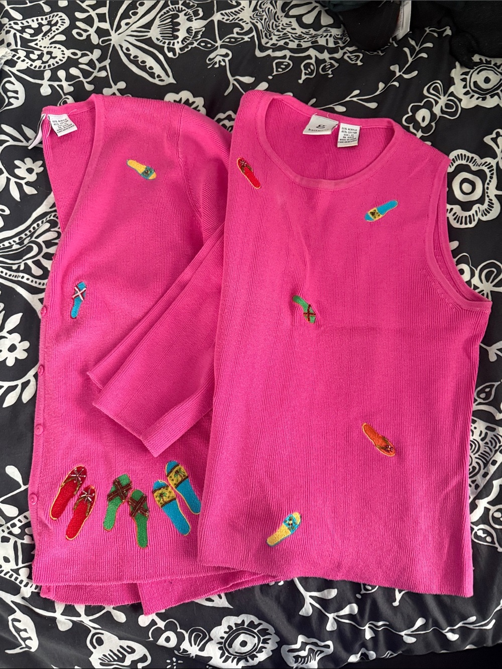 Bright Pink Embroidered Sleeveless Sweater & Cardigan Set